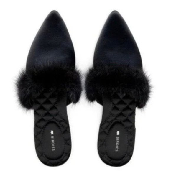 Birdies Shoes - Birdies The Dove Onyx Womens Fur Pointed Toe Slip On Mules, Brand New In Box